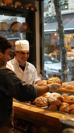 Baker presenting fresh bread in bakery shop.の素材