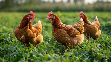 Group of hens standing on green grass in the farmの素材