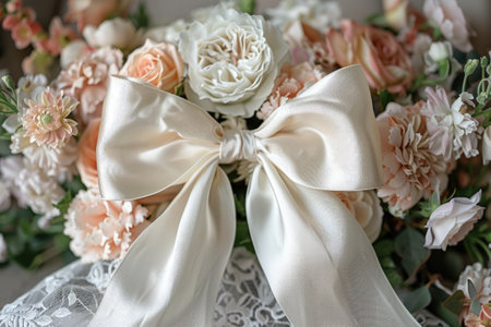 A beautiful bouquet delicate lace ribbon, and a large satin bowの素材