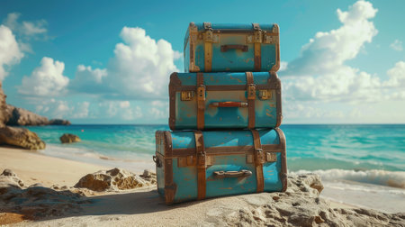 Holiday travel with suitcases and air travel scenes.の素材