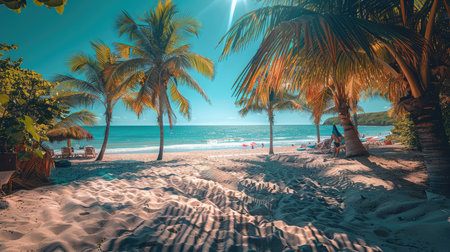 People relaxing on a tropical beach under palms.の素材