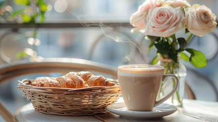 Latte cup on table at summer cafe, wicker basket with croissants, rose flower in vaseの素材
