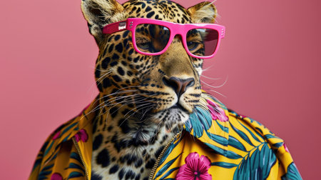 Stylish leopard wearing pink glasses with floral jacketの素材