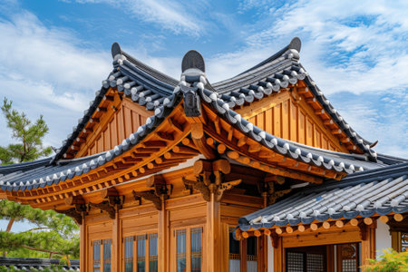 A beautiful display of traditional Korean wooden architecture with ornate details, showcasing cultural heritage.の素材