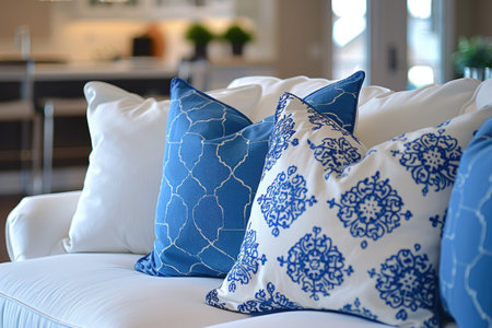 A cozy living room setup featuring a white sofa adorned with pillowsの素材