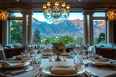 Elegant restaurant setting with mountain view scenery.の素材