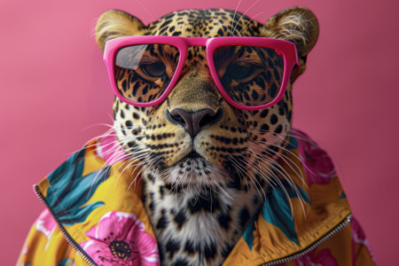 Stylish leopard wearing pink glasses with floral jacketの素材