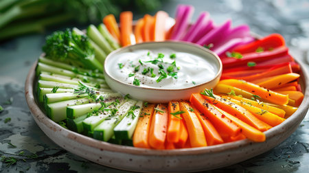 A colorful assortment of sliced vegetables with dipの素材