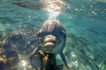 A dolphin's head pops out of the clear, blue water, creating a playful and friendly scene under the bright sunlight.の素材
