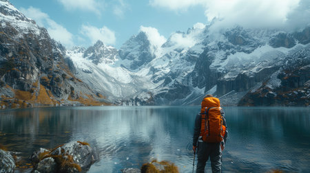 Hiker admiring snowy mountain landscape by a lake.の素材