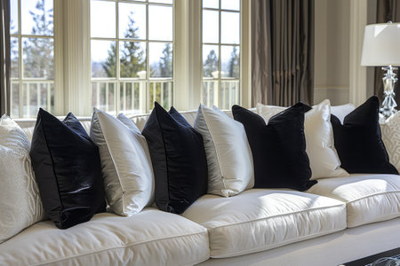 A cozy living room setup featuring a white sofa adorned with pillowsの素材