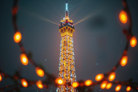 Eiffel Tower illuminated with colorful night lights.の素材