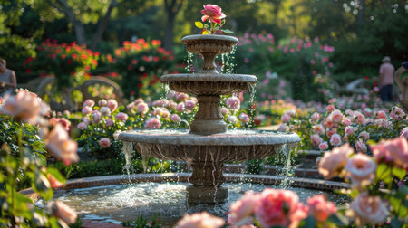 Beautiful garden with a tiered fountain and rosesの素材