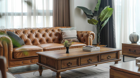 Cozy living room with elegant leather sofa setup.の素材