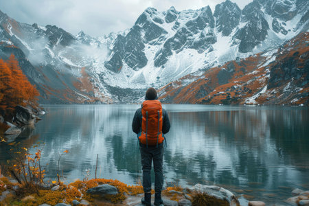 Hiker admiring snowy mountain landscape by a lake.の素材