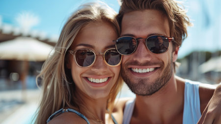 A fashionable couple posing together outdoors, both wearing trendy sunglassesの素材