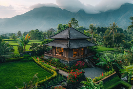 A beautiful wooden house surrounded by lush green rice fieldsの素材