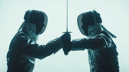 Fencers in action pose with sword and full attireの素材