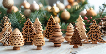 Beautiful Christmas ornaments made of wood. Perfect for holiday decorationの素材
