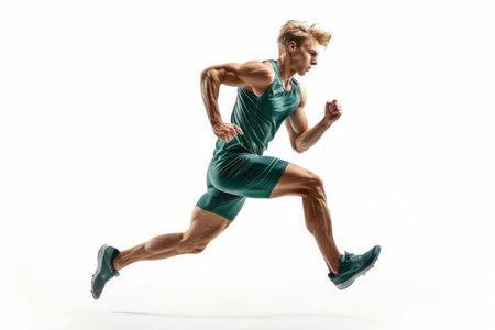 A person in a green running suit, sprinting with intensity and determination shown through their body posture and movement in the image.の素材