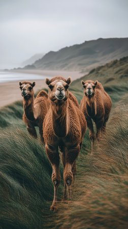 Camels standing in a grass field representing nature and wilderness in daylight.の素材