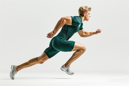 A person in a green running suit, sprinting with intensity and determination shown through their body posture and movement in the image.の素材