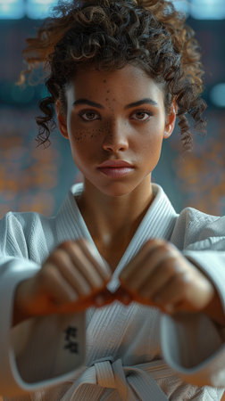 A young woman martial artist wearing traditional attire, ready for training.の素材