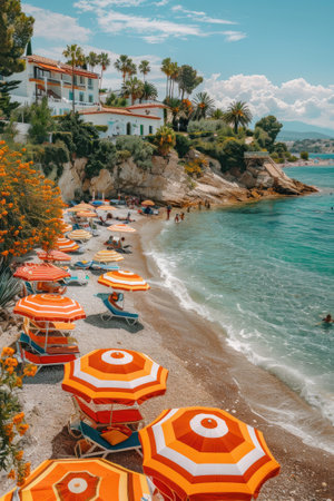 Brightly colored umbrellas are arranged on a sandy beach against the backdrop of clear turquoise water and rocky outcrops. A picturesque and inviting seaside scene.の素材