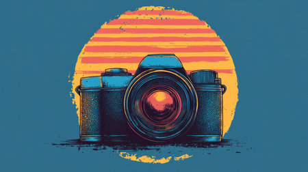 T-shirt design, camera illustration with sunset backgroundの素材