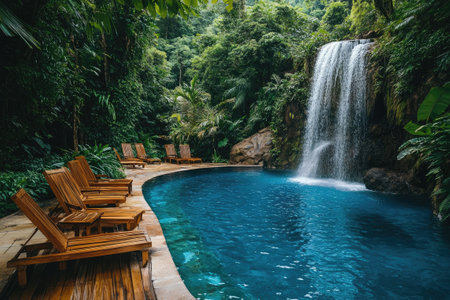 Tranquil swimming pool with wooden lounge chairs placed beside it, set against a picturesque waterfall surrounded by lush greenery in the forest.の素材