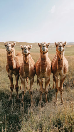 Camels standing in a grass field representing nature and wilderness in daylight.の素材