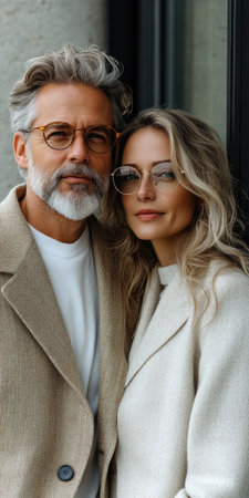 Smiling couple posing together, showcasing tenderness.の素材