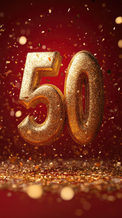 Golden number 50 in glitter with confetti on red backgroundの素材