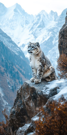 Snow leopard walking in snowy mountain landscape gracefully.の素材