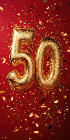 Golden number 50 in glitter with confetti on red backgroundの素材