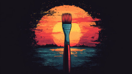 T-shirt design, cartoon style of a paintbrush in a sunset retro circle backgroundの素材