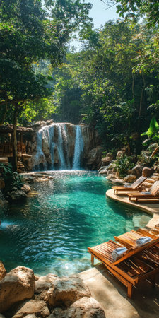 Tranquil swimming pool with wooden lounge chairs placed beside it, set against a picturesque waterfall surrounded by lush greenery in the forest.の素材