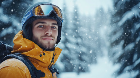 Young man wearing a ski helmet and goggles stands in a snowy forestの素材