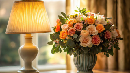 Elegant table lamp and flower arrangement in a vase.の素材