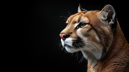 Close-up portrait of a puma looking away from the camera with a black backgroundの素材