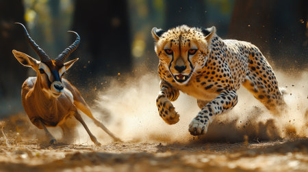 Cheetah running at full speed chasing a springbok gazelle in a cloud of dustの素材