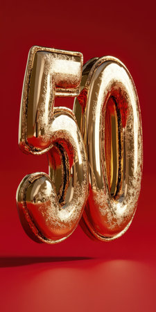 Golden number 50 in glitter with confetti on red backgroundの素材