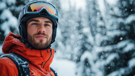 Young man wearing a ski helmet and goggles stands in a snowy forestの素材