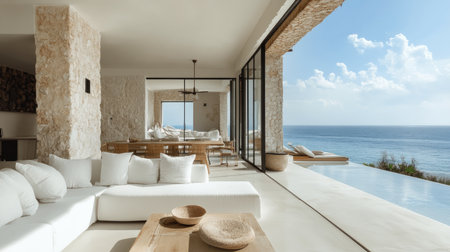 Modern luxury villa with infinity pool overlooking the oceanの素材