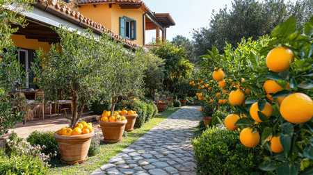Modern Mediterranean house garden with terracotta potted citrus treesの素材