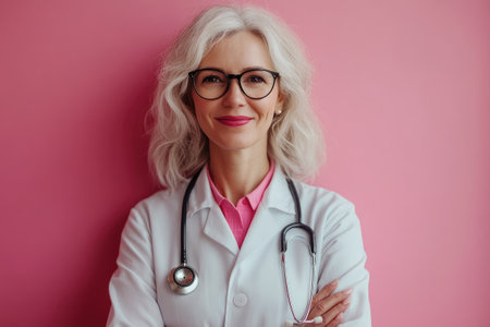 Female doctor with long gray hair and glasses is wearing a white coat and stethoscopeの素材