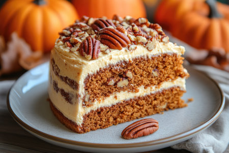 Slice of layered pumpkin cake with pecan nuts topping for thanksgiving holidayの素材