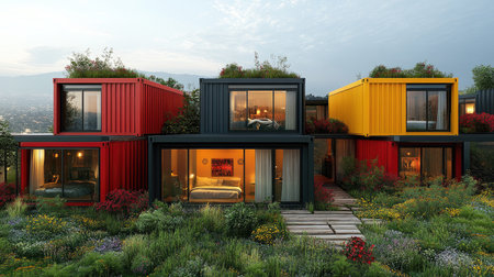 Colorful and contemporary home built with shipping containers, featuring large windows and a lush tropical gardenの素材
