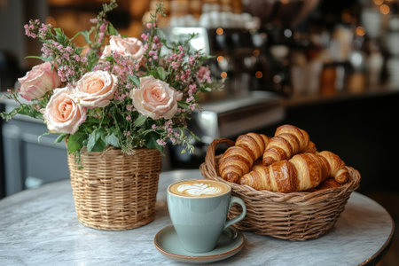 Basket of croissants and coffee beside flower bouquet.の素材