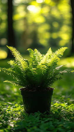 Vibrant green fern thriving in its natural environmentの素材